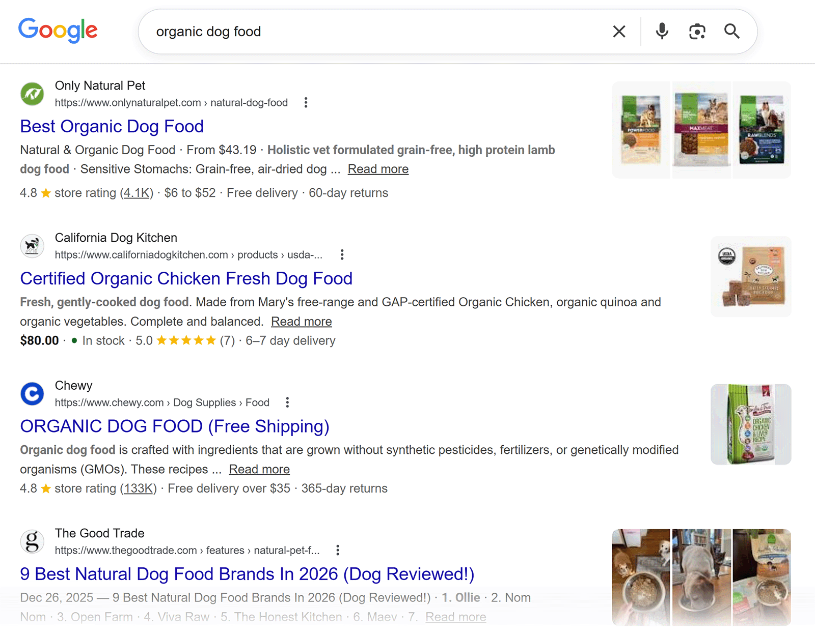 Google search results page for &ldquo;organic dog food&rdquo; showing product listings, ads, and organic results from pet food brands