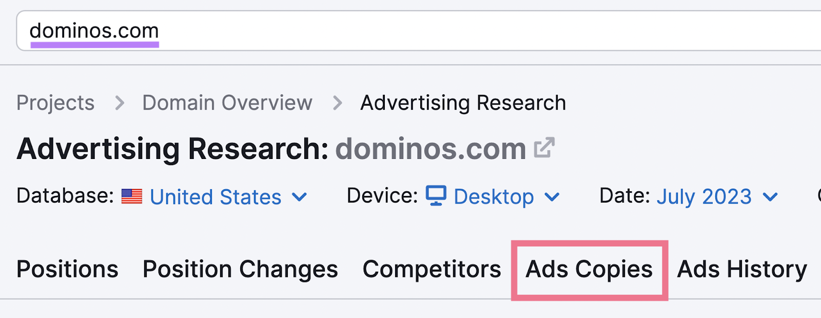 an example of searching for "dominos.com" in the &ldquo;Ads Copies&rdquo; tab in the Advertising Research tool