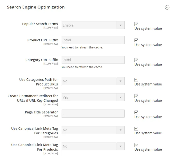 &ldquo;Search Engine Optimization&rdquo; section in Magento 2