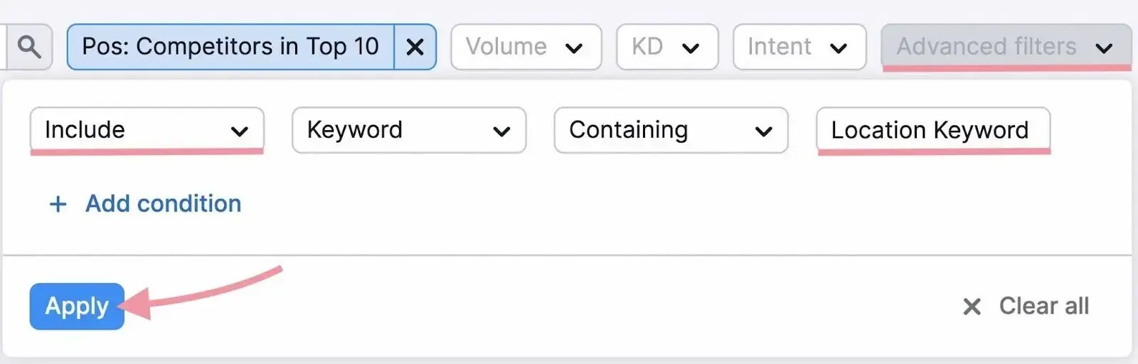Applying a filter on Keyword Gap to include terms with location keywords.