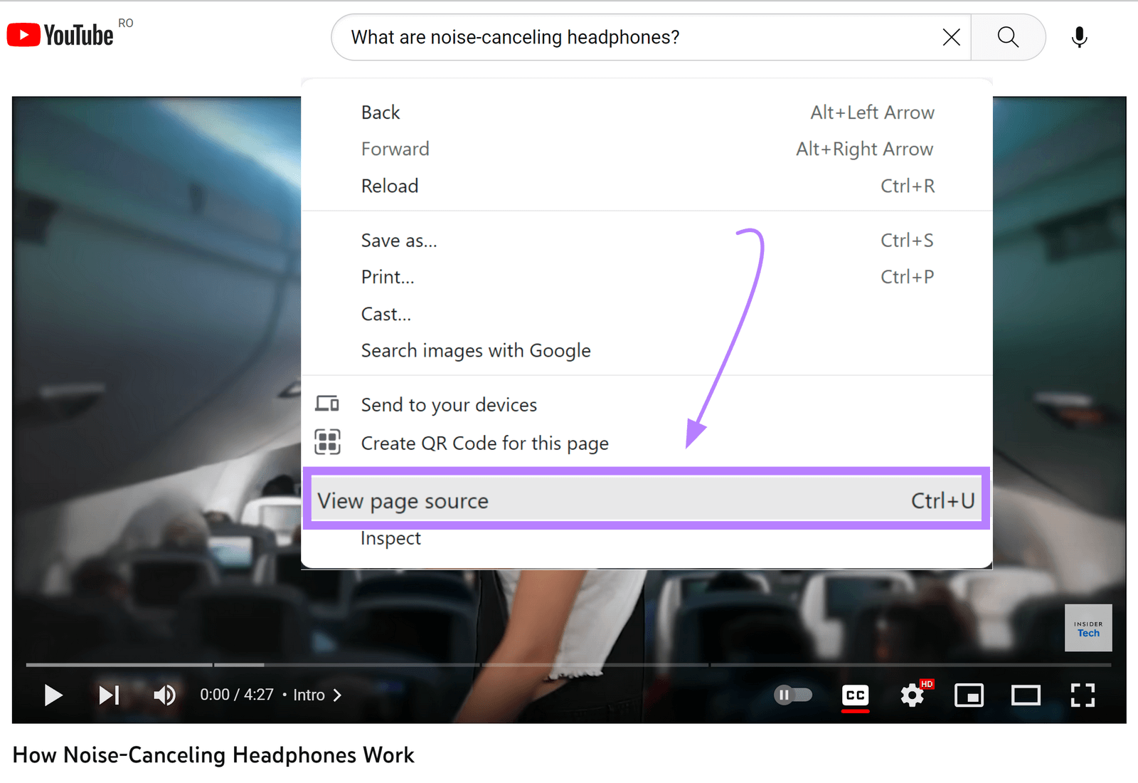 &ldquo;View page source&rdquo; option shown for a YouTube video.