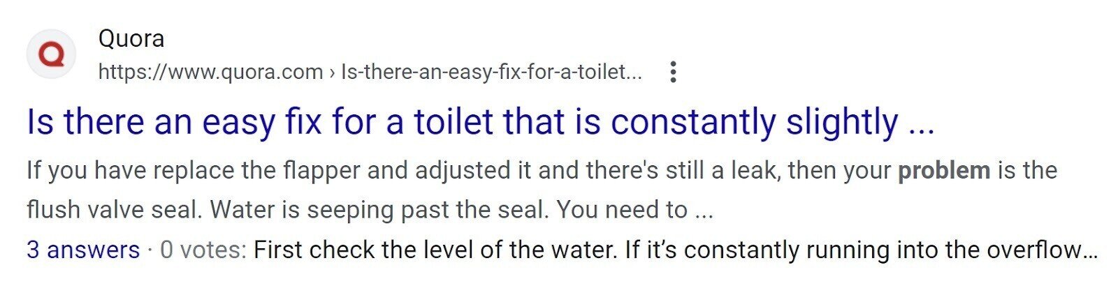 Quora's page ranking third for &ldquo;how to fix running toilet&rdquo; in Google