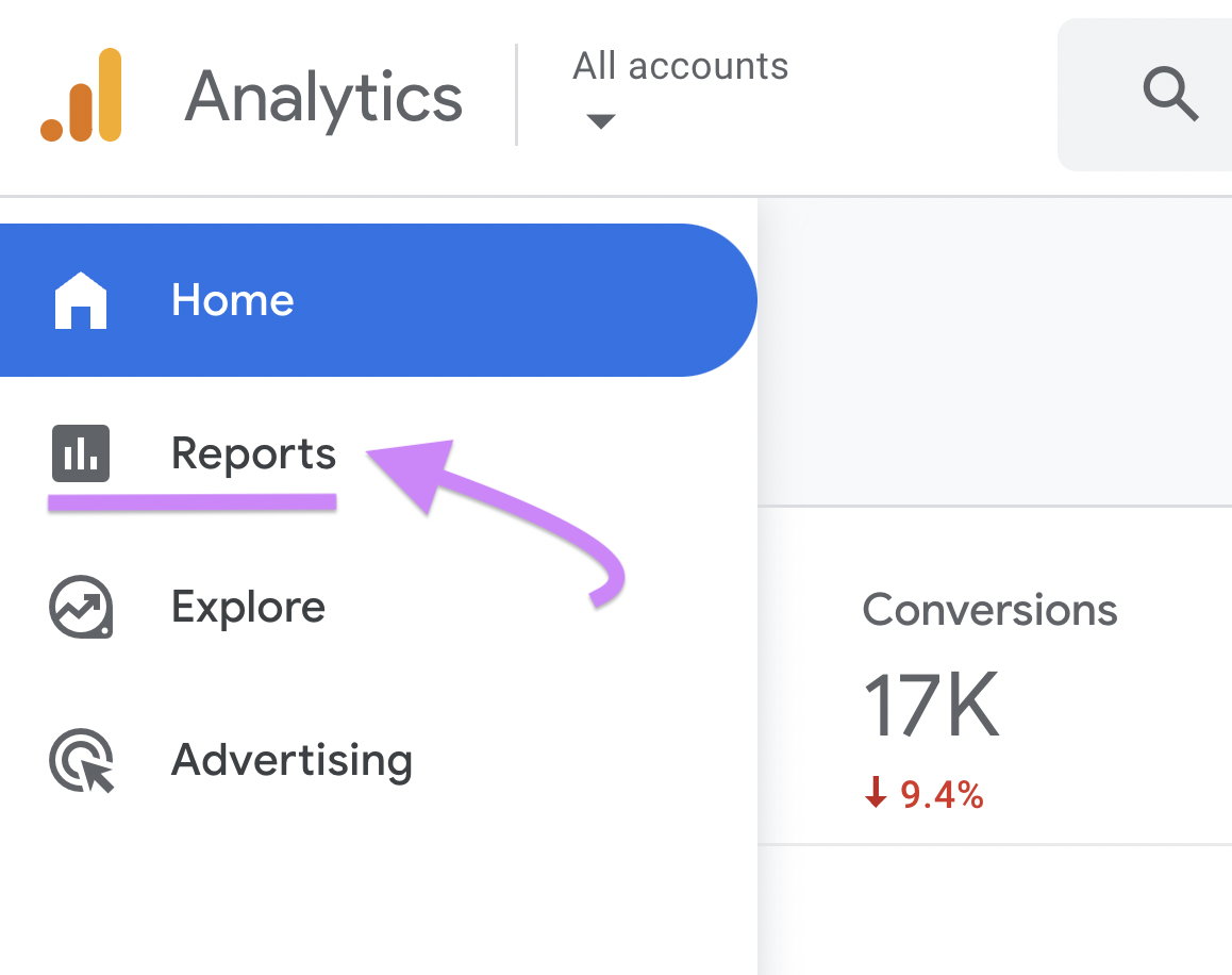 Navigating to &ldquo;Reports" in GA4 sidebar