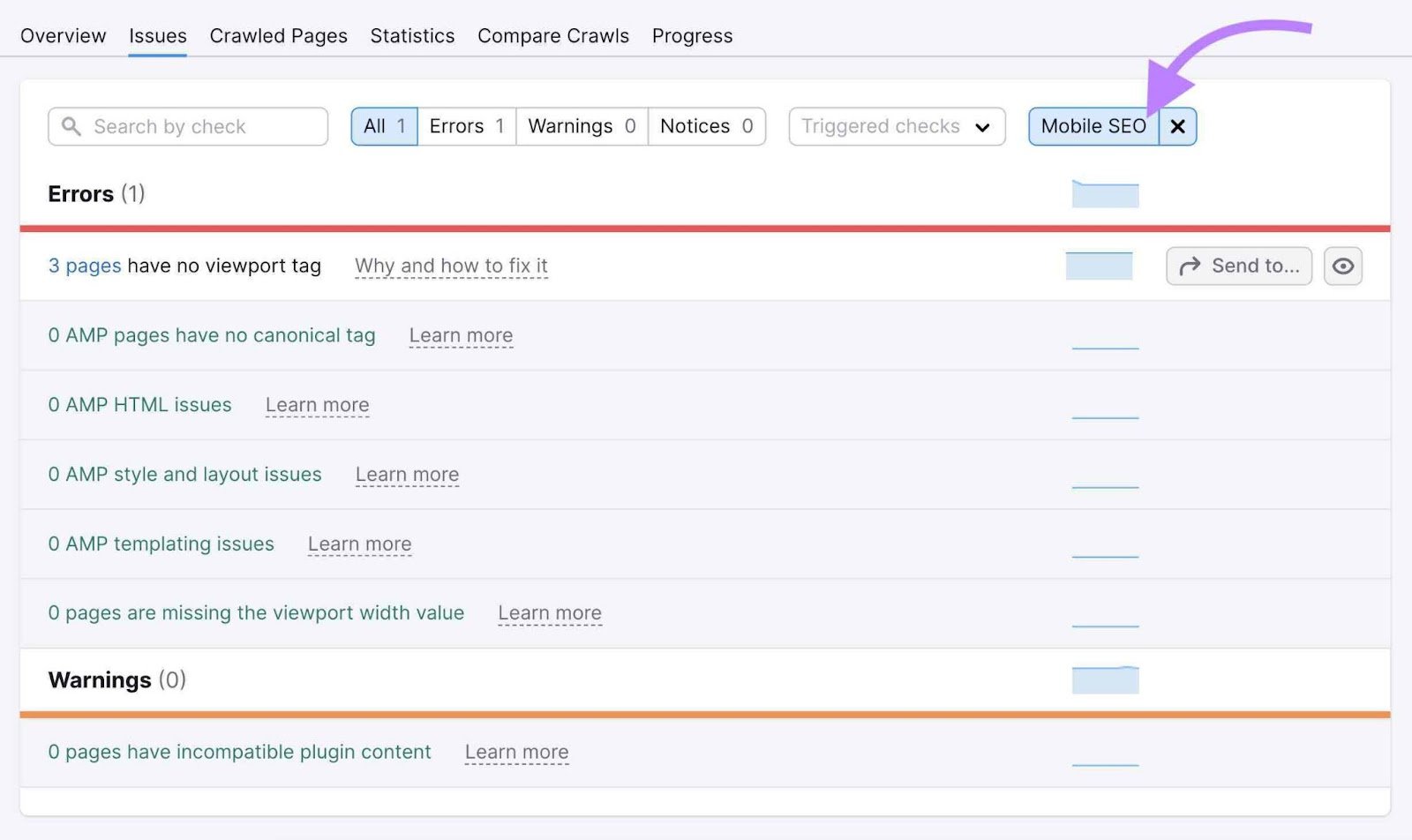 Category filter set to "Mobile SEO" under "Issues" tab in Site Audit