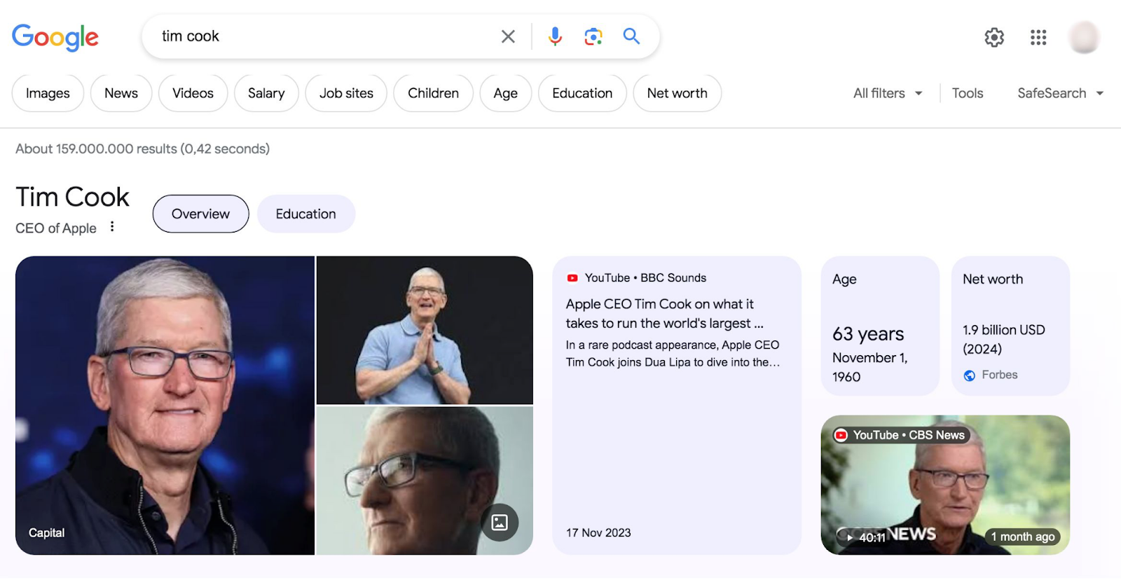 Google's knowledge graph result for &ldquo;tim cook" query