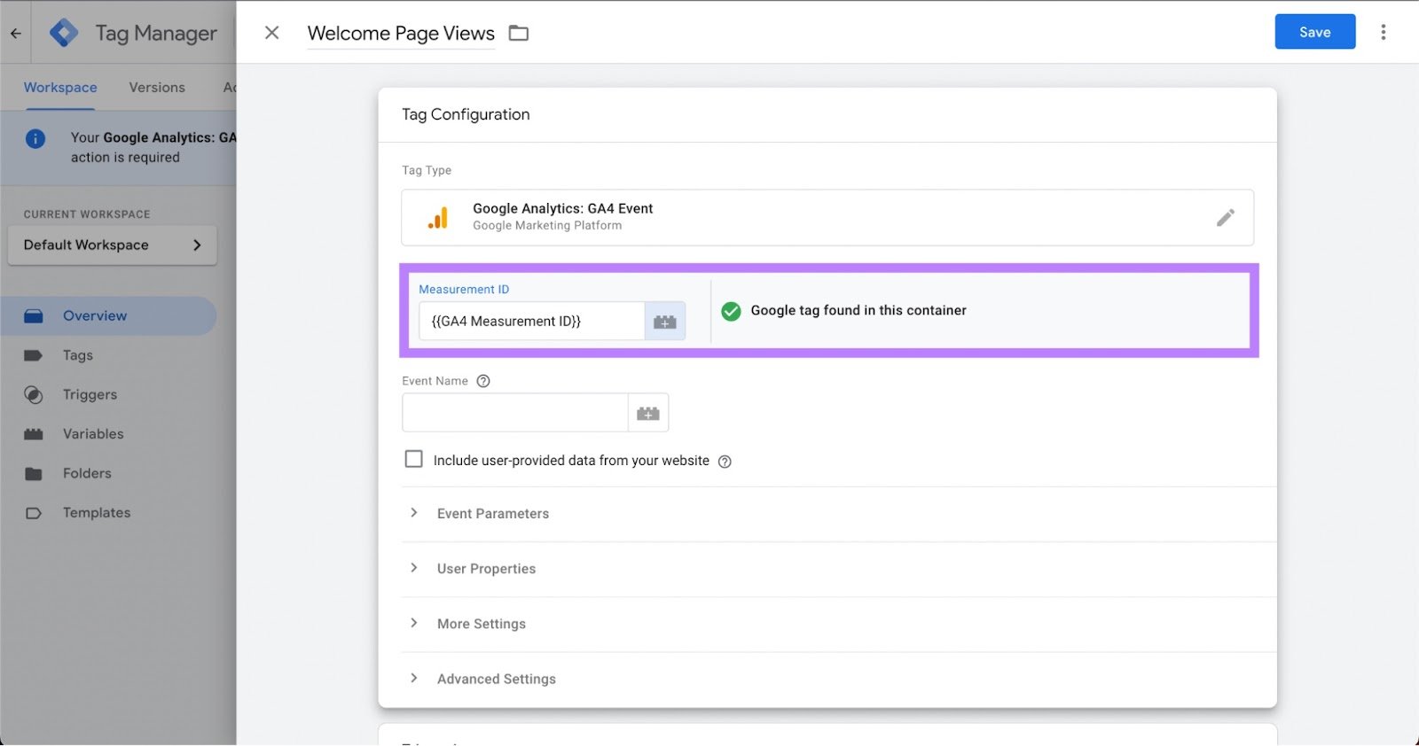 &ldquo;Measurement ID&rdquo; field highlighted under "Tag Configuration"