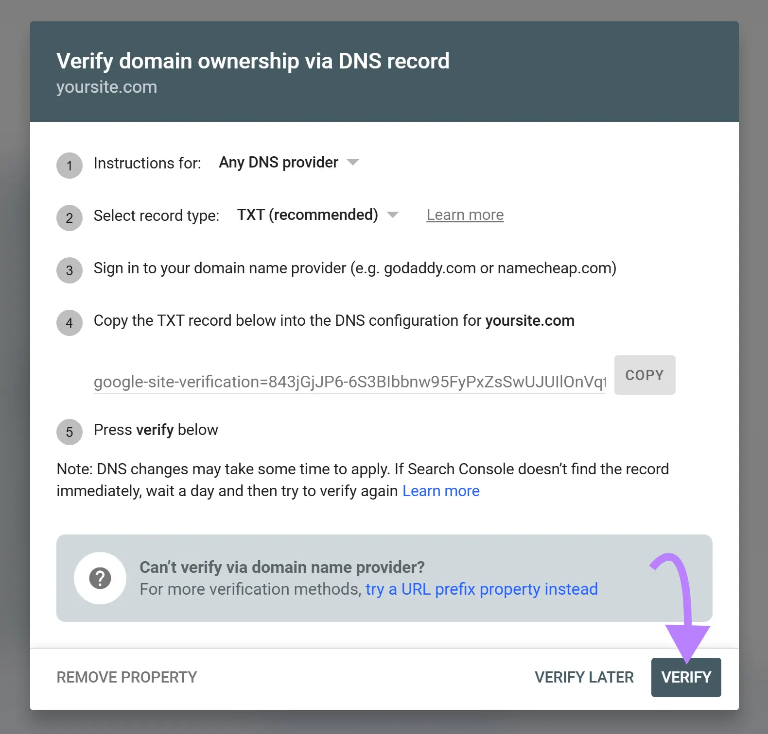 Google Search Console DNS verification screen with the Verify button highlighted after adding the domain&rsquo;s TXT record