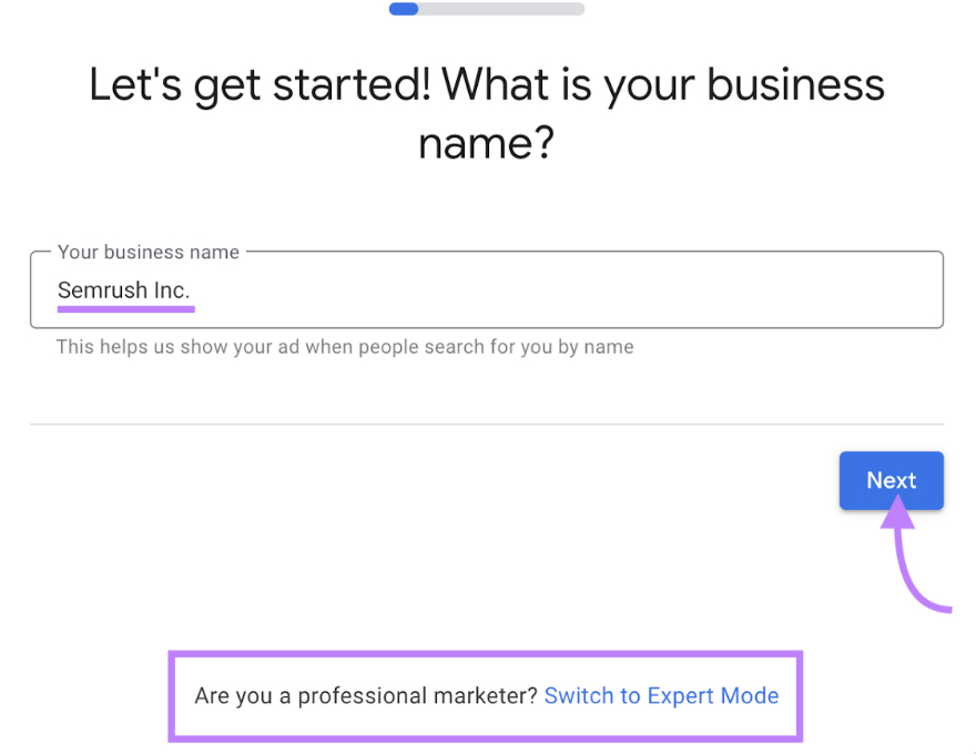 Business name entered to create a new Google Ads account with &ldquo;Switch to Expert Mode&rdquo; at the bottom highlighted.