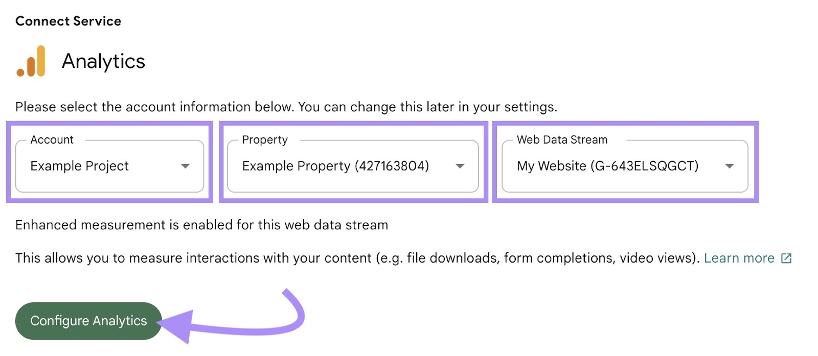 "Configure Analytics" button under &ldquo;Connect Service&rdquo; screen