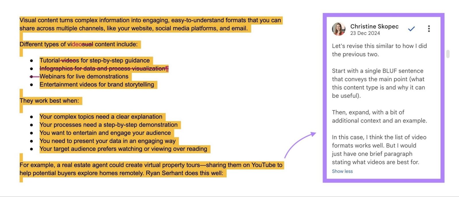 A note by the editor on an article draft explaining why certain changes were made and asking the author to apply it elsewhere in the article.