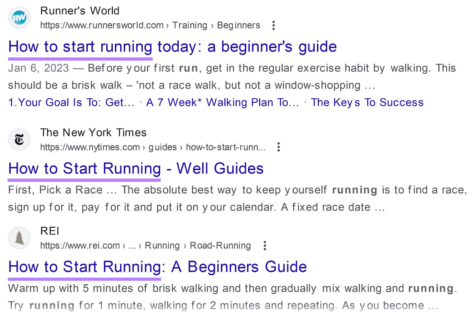 Google SERP for &ldquo;how to start running&rdquo; with title tags highlighted in purple