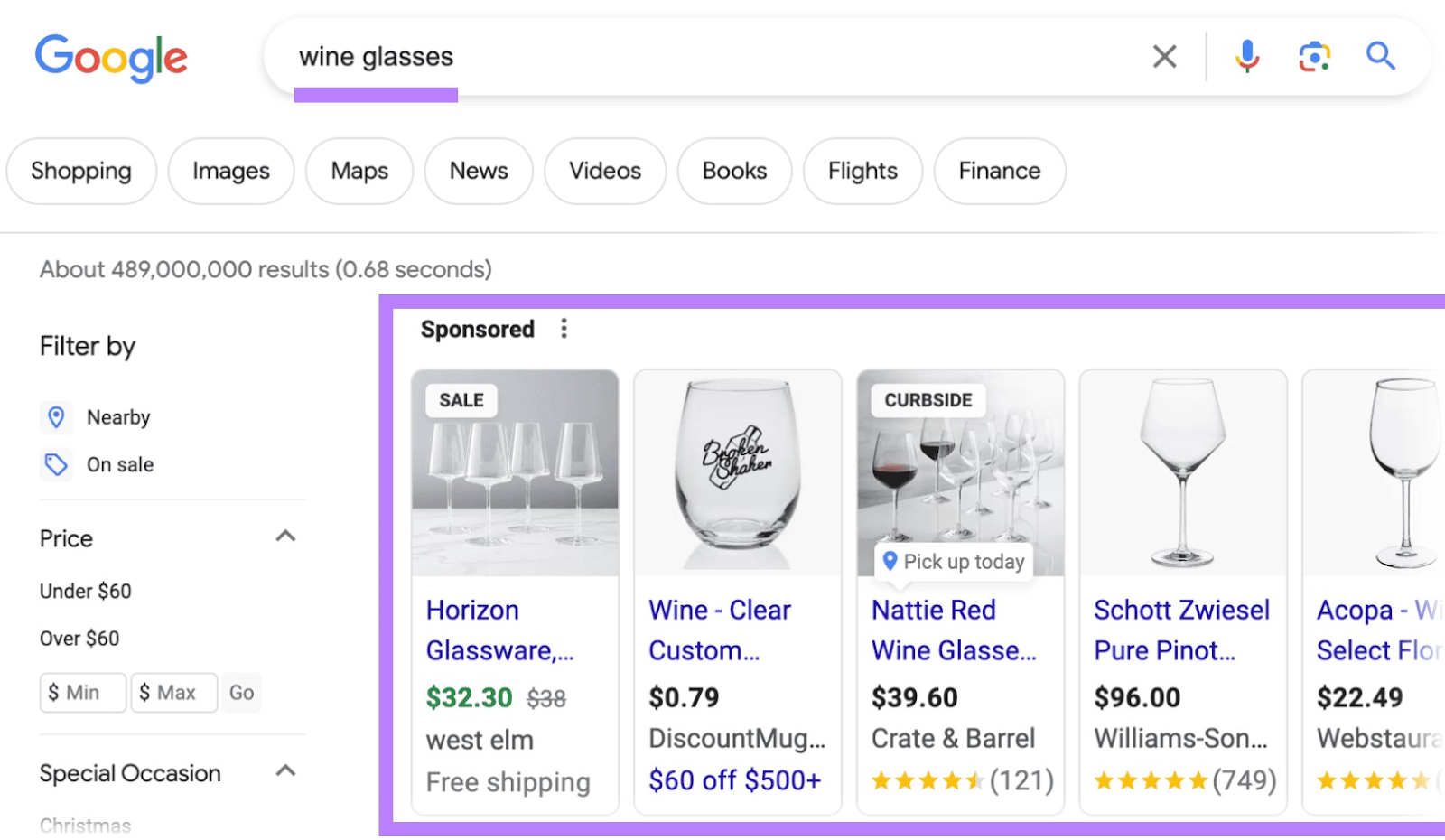 Google's results for &ldquo;wine glasses&rdquo; search