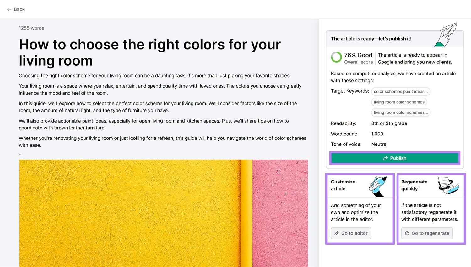 AI generated content with Publish, Customize article, and Regenerate quickly options highlighted.