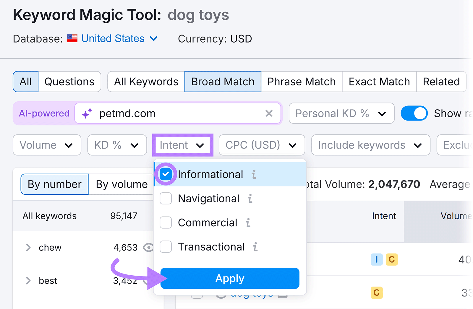 Semrush Keyword Magic Tool showing intent filter options with &ldquo;Informational&rdquo; selected.