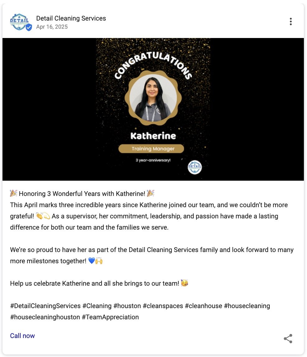 Google Business Profile post by a cleaning service celebrating an employee's three year anniversary with the company.