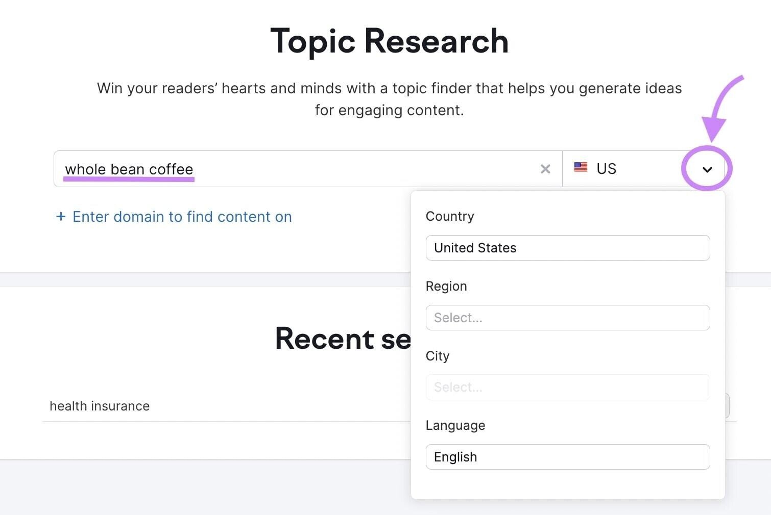Searching for &ldquo;whole bean coffee&rdquo; in the US with Topic Research tool