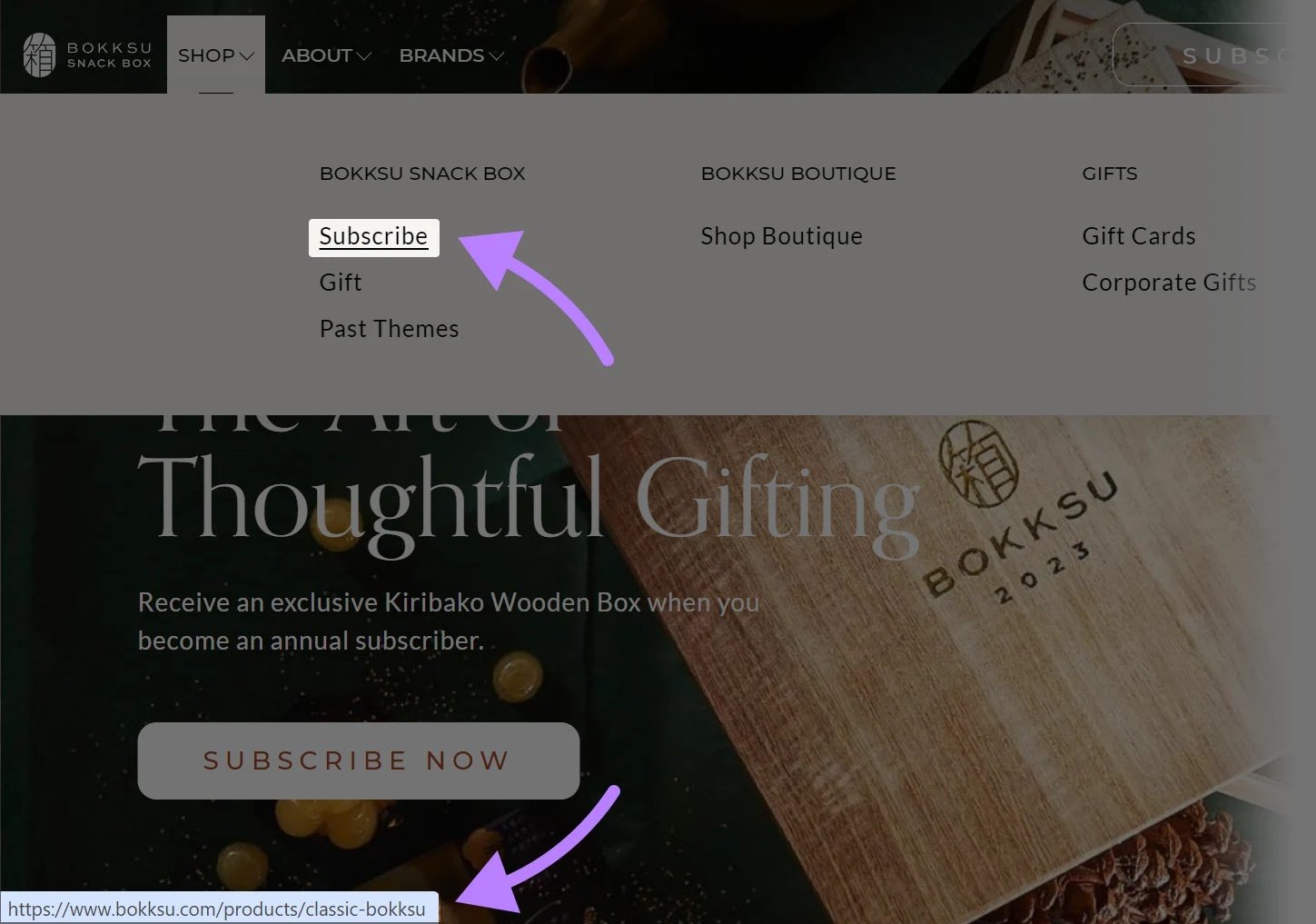 Bokksu&rsquo;s online store header menu