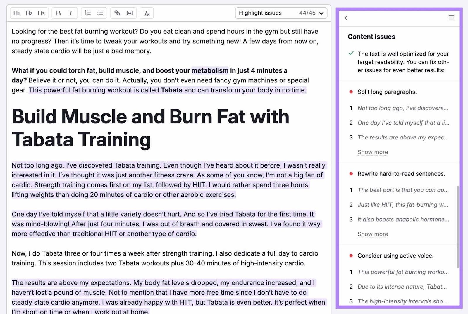 Readability tips including suggestions to split long paragraphs, to use active voice, etc. highlighted on the SEO Writing Assistant.