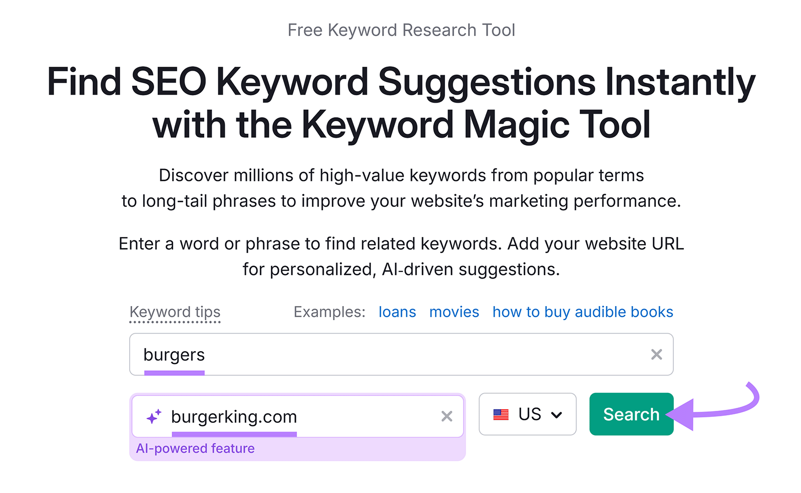 Semrush Keyword Magic Tool with &ldquo;burgers&rdquo; and &ldquo;burgerking.com&rdquo; entered, US flag, and green &ldquo;Search&rdquo; button with purple arrow