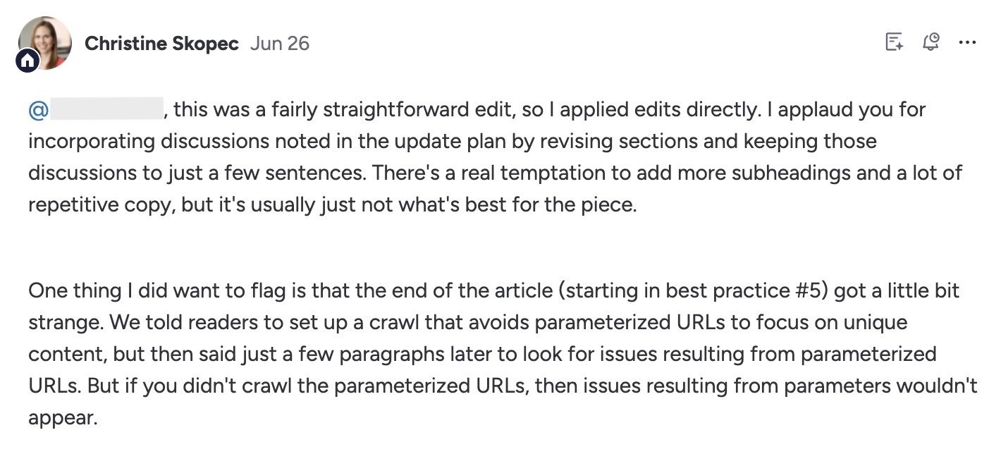 A note by the editor on a Monday.com task giving the author general feedback along with a specific example on an article draft.