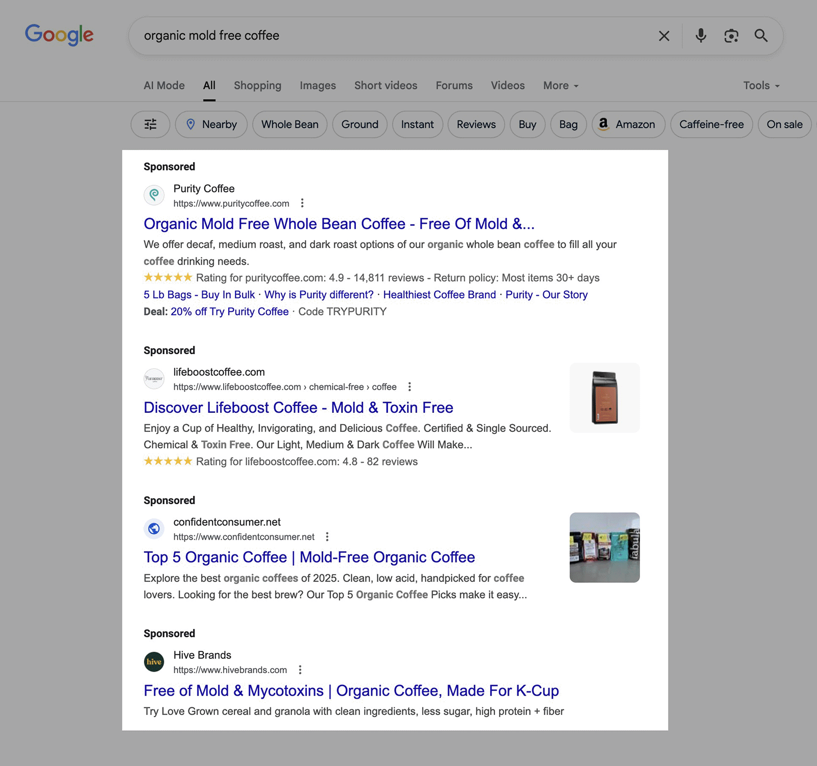 Google search results showing sponsored ads for &ldquo;organic mold free coffee.&rdquo;