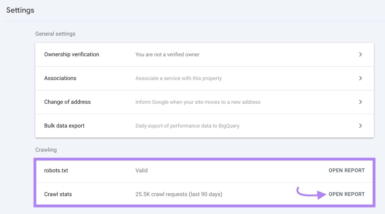 Settings page on Google Search Console with "Crawling" highlighted and "Open Report" next to "Crawl stats" clicked.