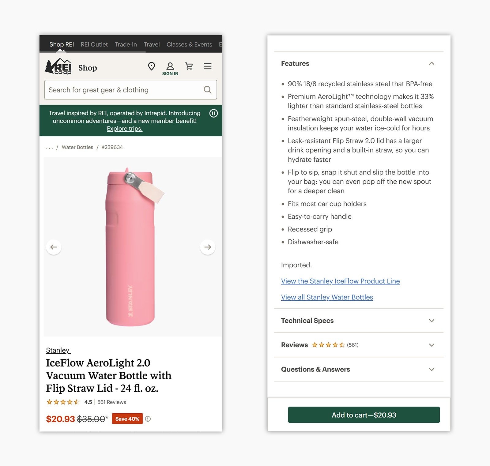 REI mobile product page for Stanley IceFlow AeroLight water bottle with features, reviews, and Add to cart