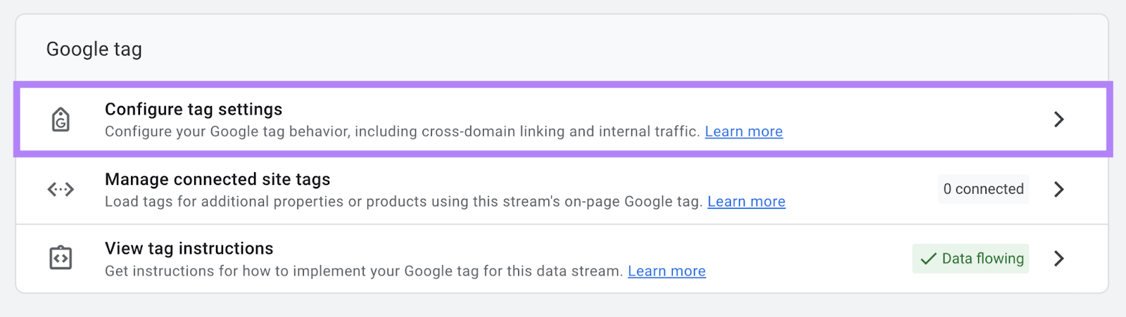 &ldquo;Configure tag settings&rdquo; option highlighted under "Google tag" section