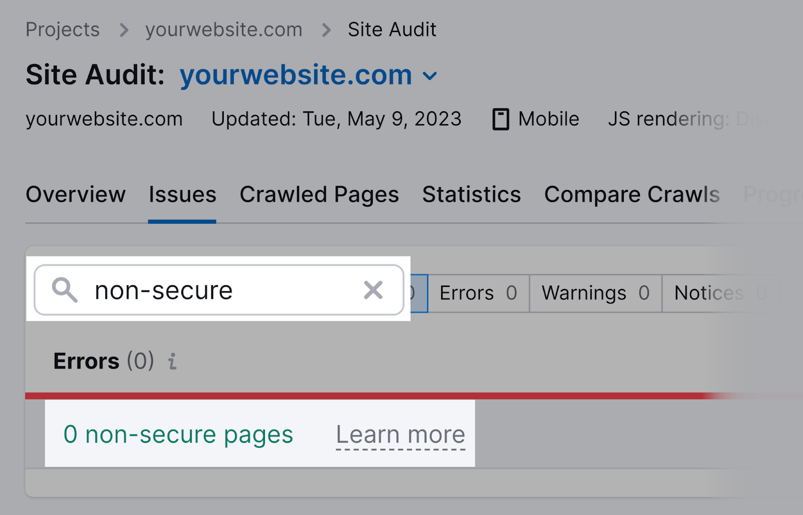 search for &ldquo;non-secure&rdquo; in Site Audit "Issues" tab