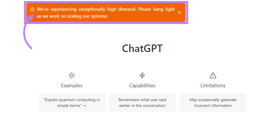 An example of &ldquo;exceptionally high demand&rdquo; message for free users