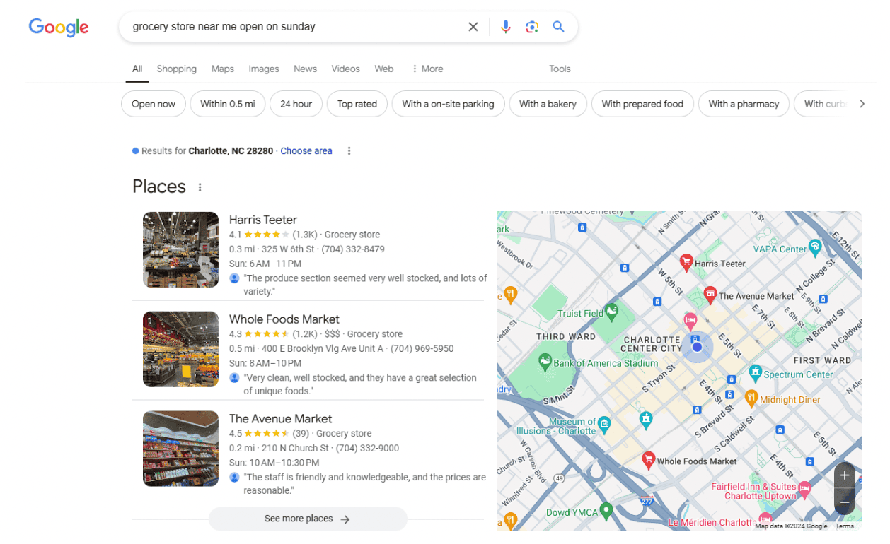 Search query for &ldquo;grocery store near me open on Sunday&rdquo;