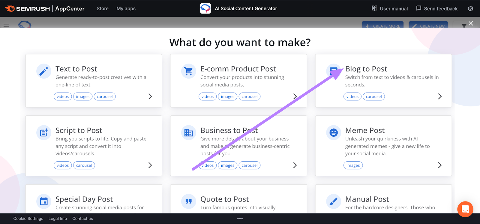 &ldquo;Blog to Post&rdquo; module selected from the dashboard