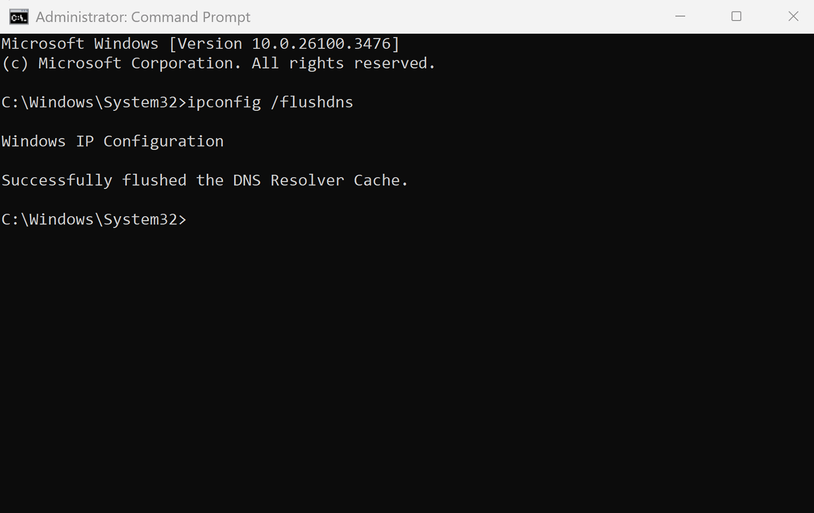Administrator mode command prompt window showing success message for DNS resolver cache flush command