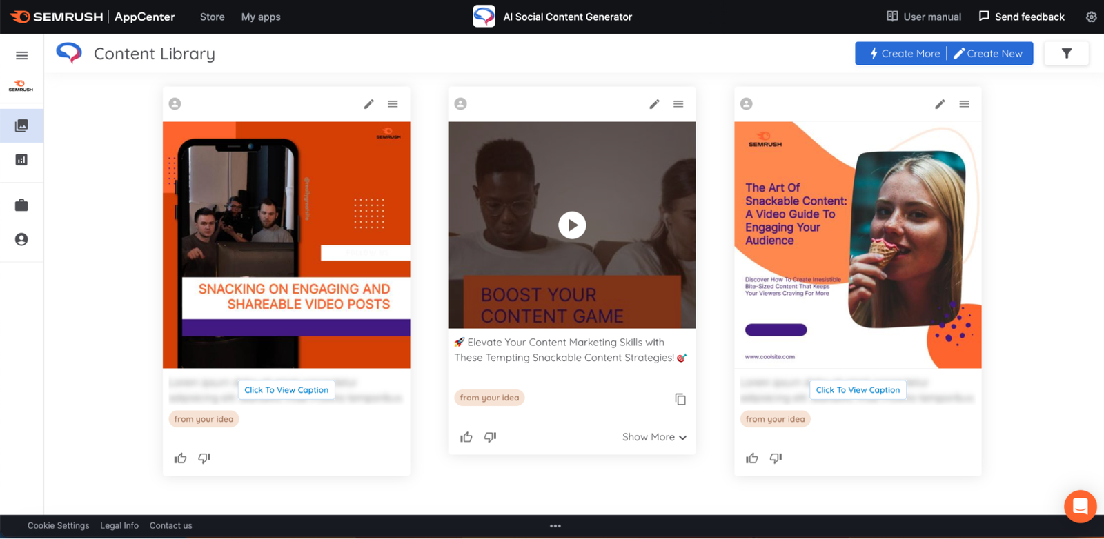 Upon opening the app, AI Social Content Generator shows the Content Library with all videos you&rsquo;ve created.