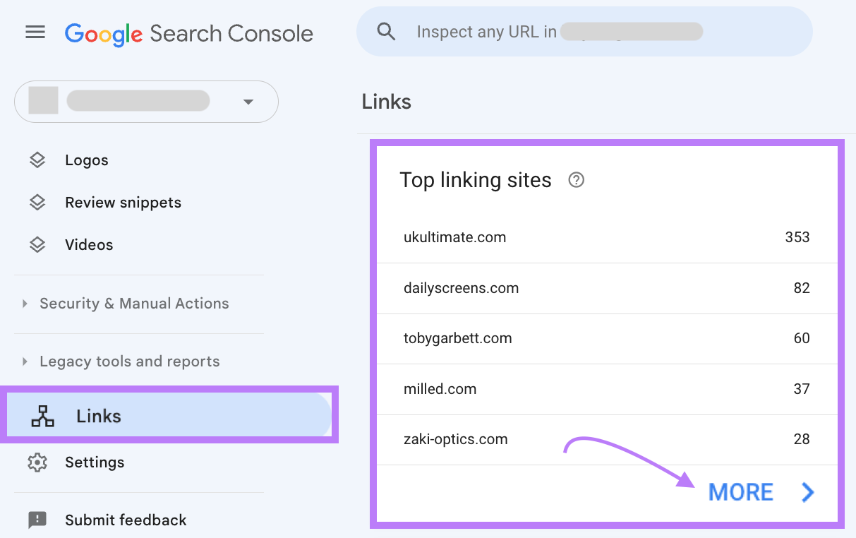 &ldquo;Top linking sites&rdquo; section in Google Search Console