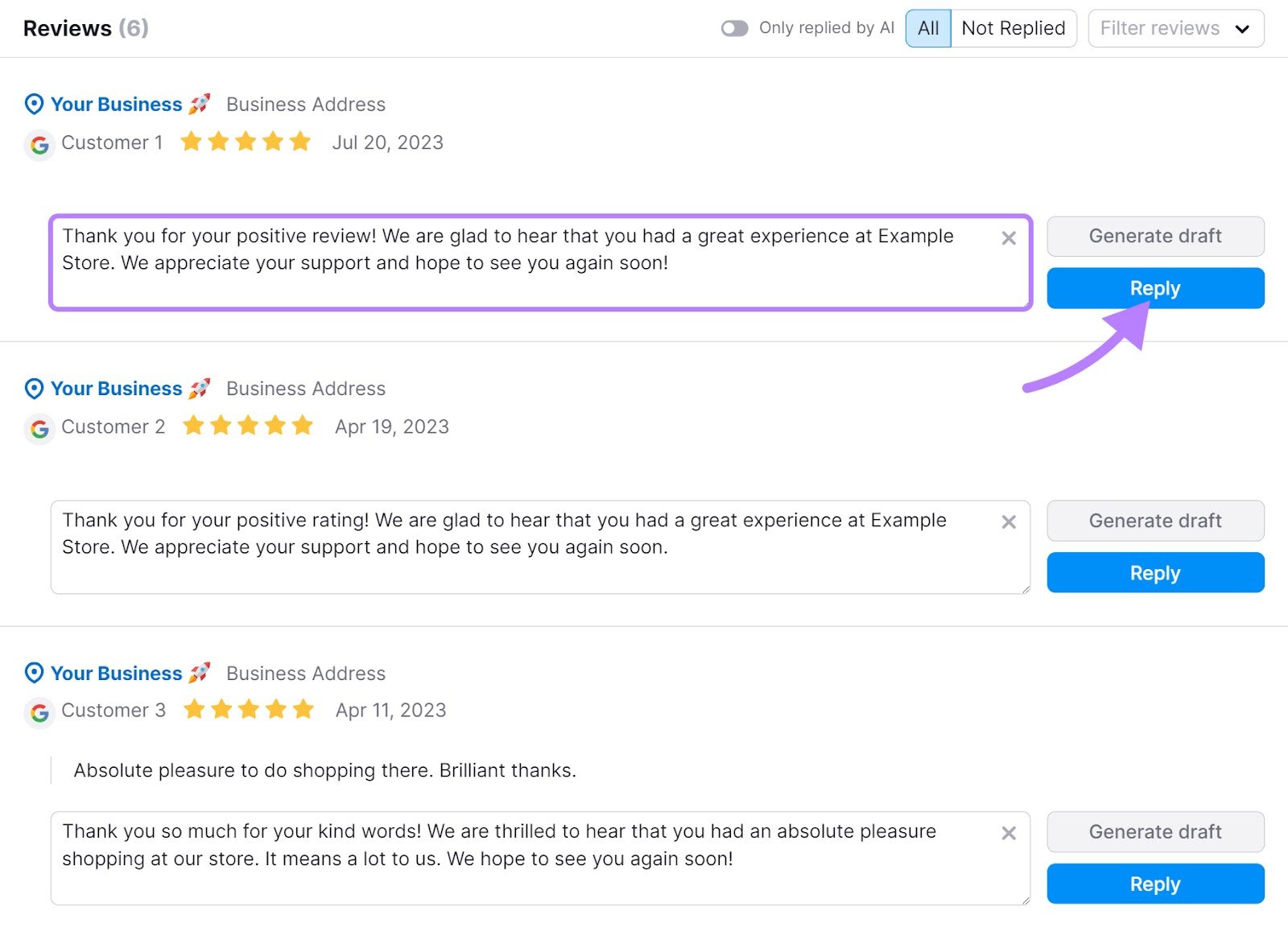 "Reviews" page in Semrush&rsquo;s Review Management tool