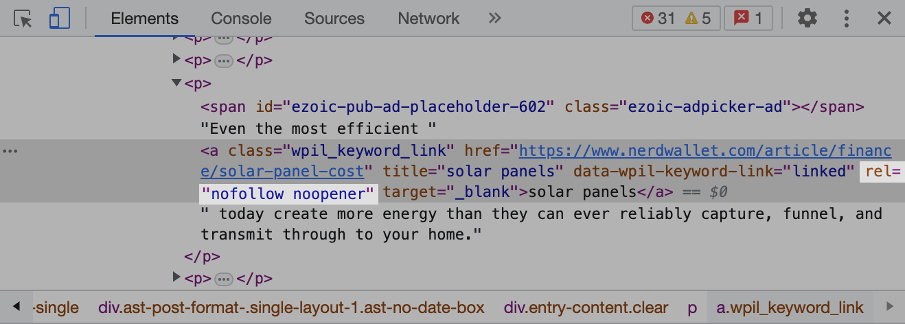 A section of source code with rel=&ldquo;nofollow noopener&rdquo; attribute
