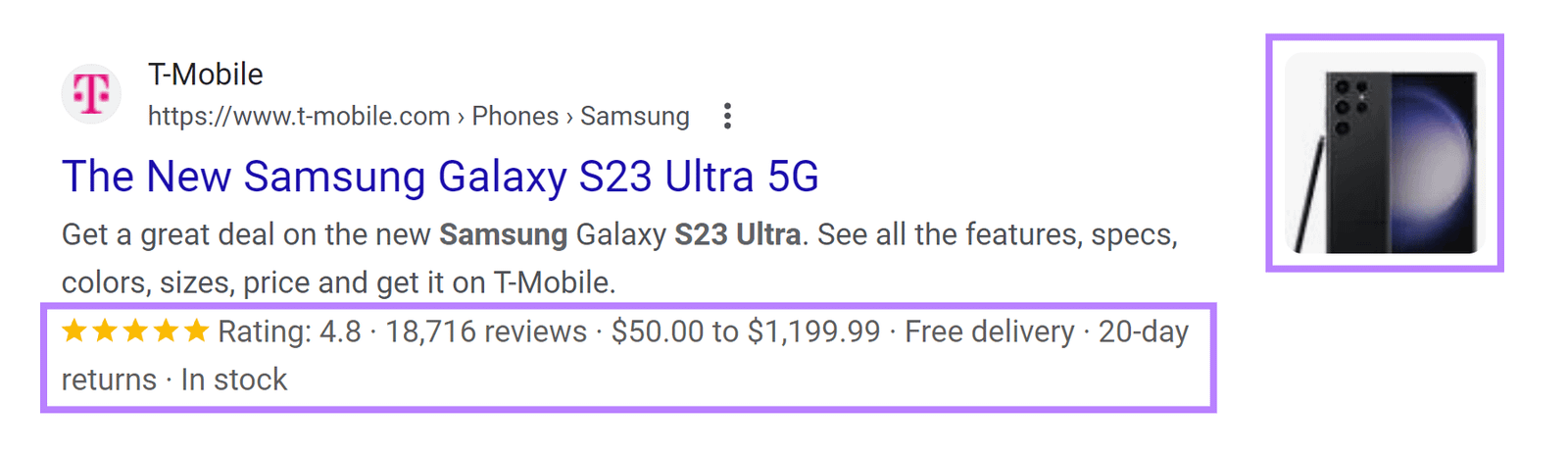 Rich snippet for a page about Samsung Galaxy S23 Ultra 5G