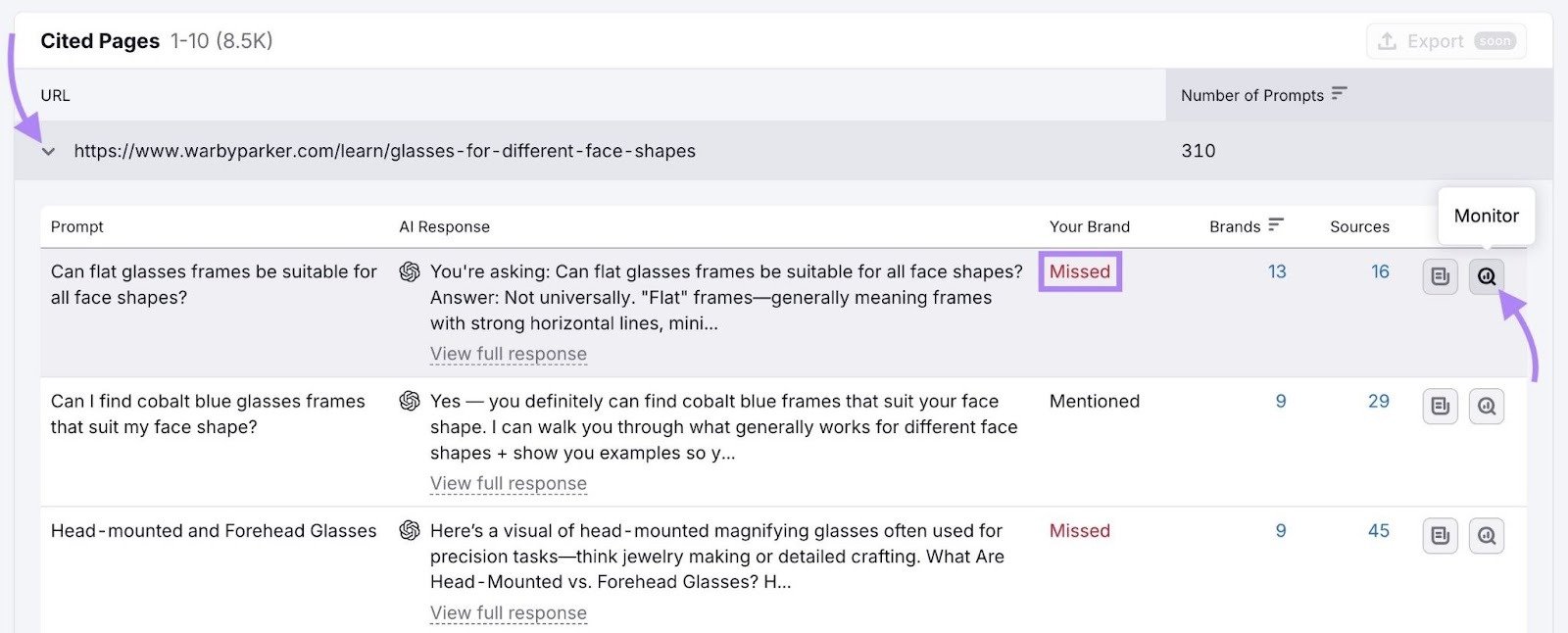 A URL expanded on the Cited Pages report and "Monitor" clicked to track a missed brand mention.