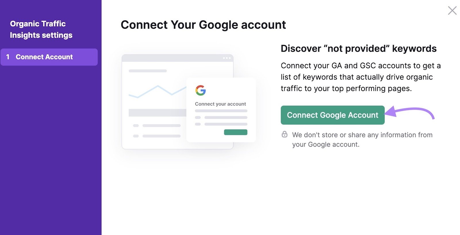 Organic traffic insights settings prompting you to connect your Google account to discover your top performing pages.