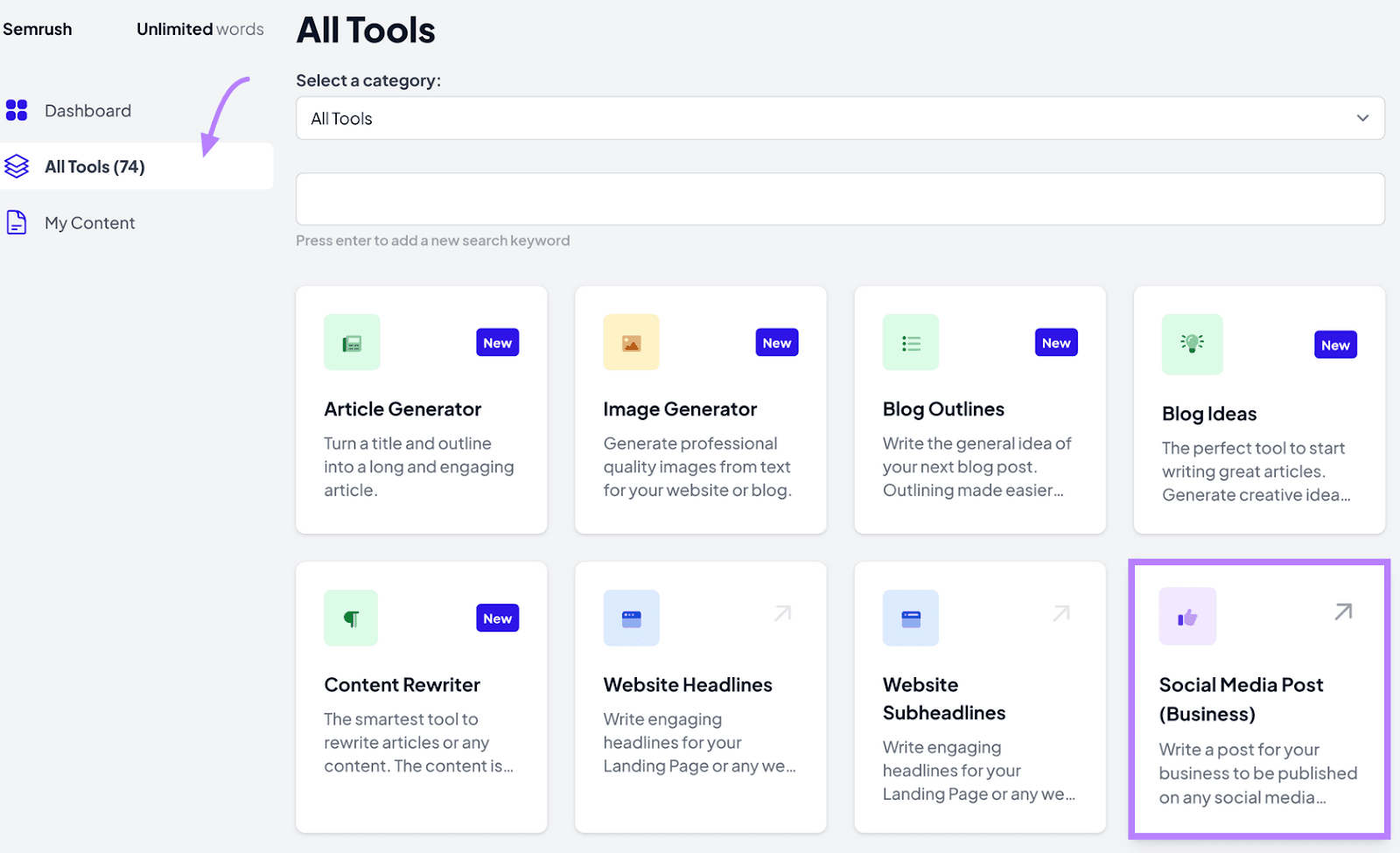 AI Writing Assistant interface, with various options represented&nbsp;in a card format, and a focus on Social Media Post.