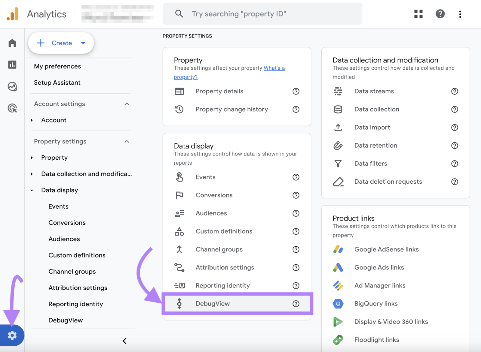 Navigating to &ldquo;DebugView" in GA4 admin