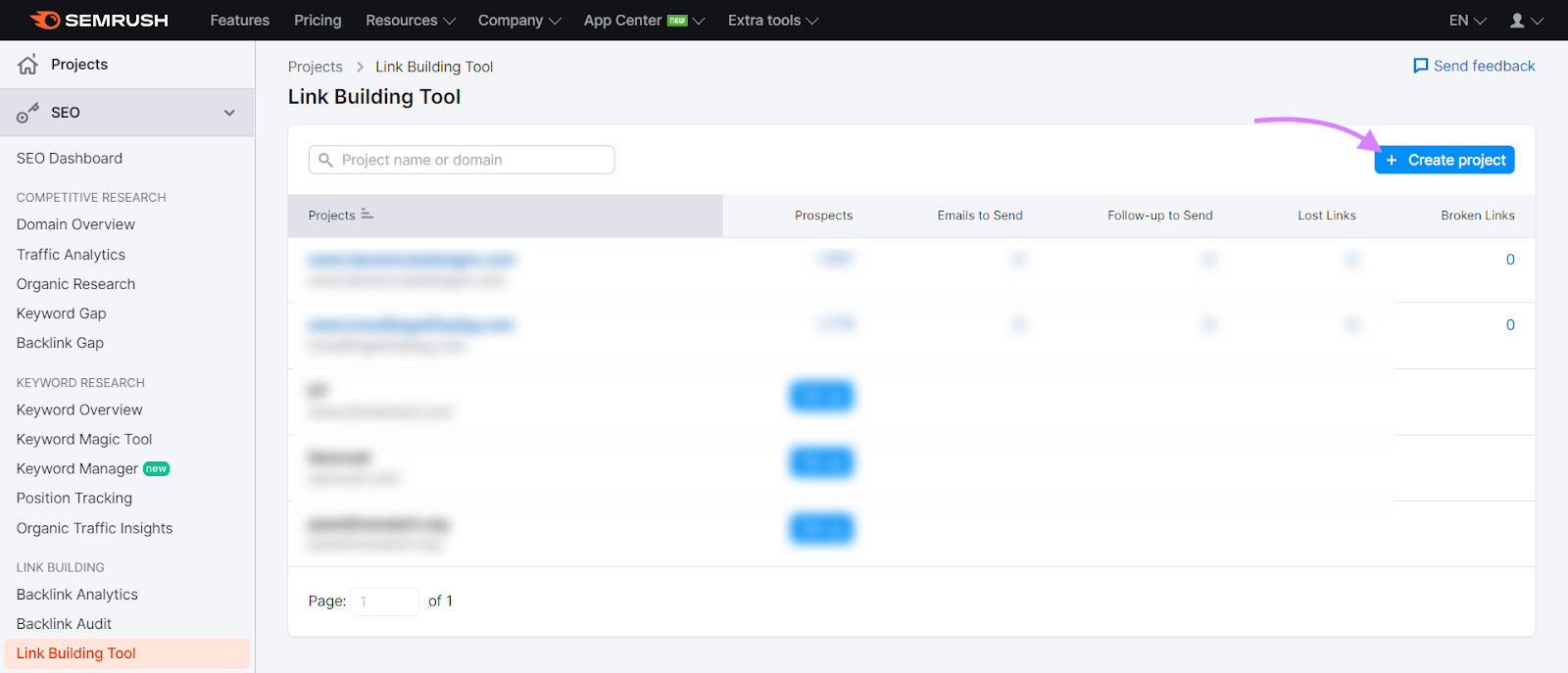 &ldquo;+ Create project&rdquo; button highlighted in Link Building Tool