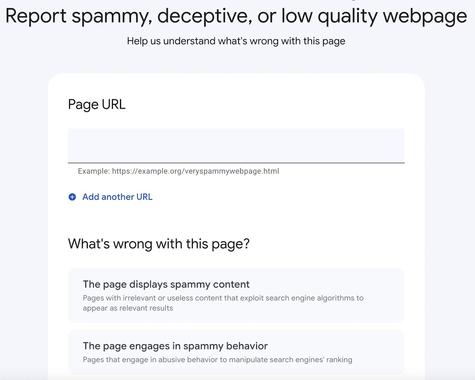 Google&rsquo;s dedicated content spam form
