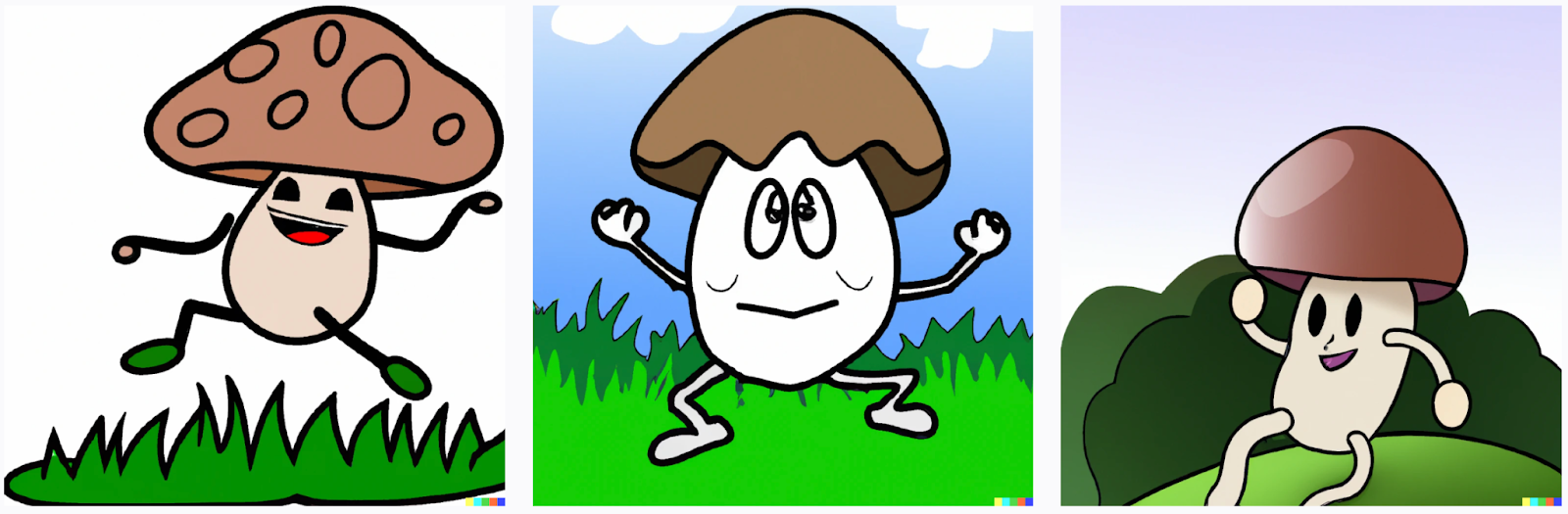 image results for &ldquo;A happy mushroom skipping through a meadow with legs and a face&rdquo; prompt