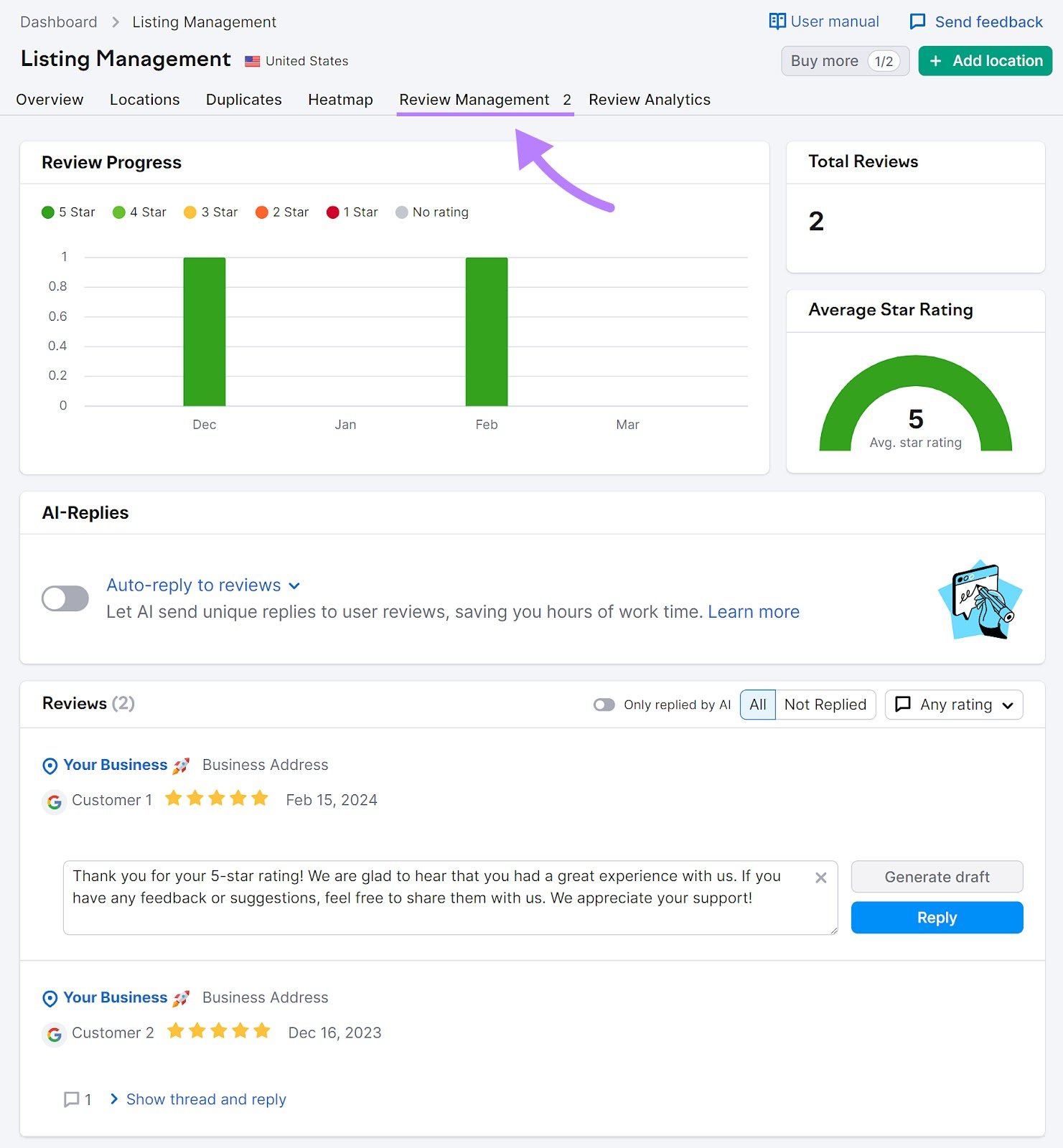 Semrush's&nbsp;Review Management tool dashboard