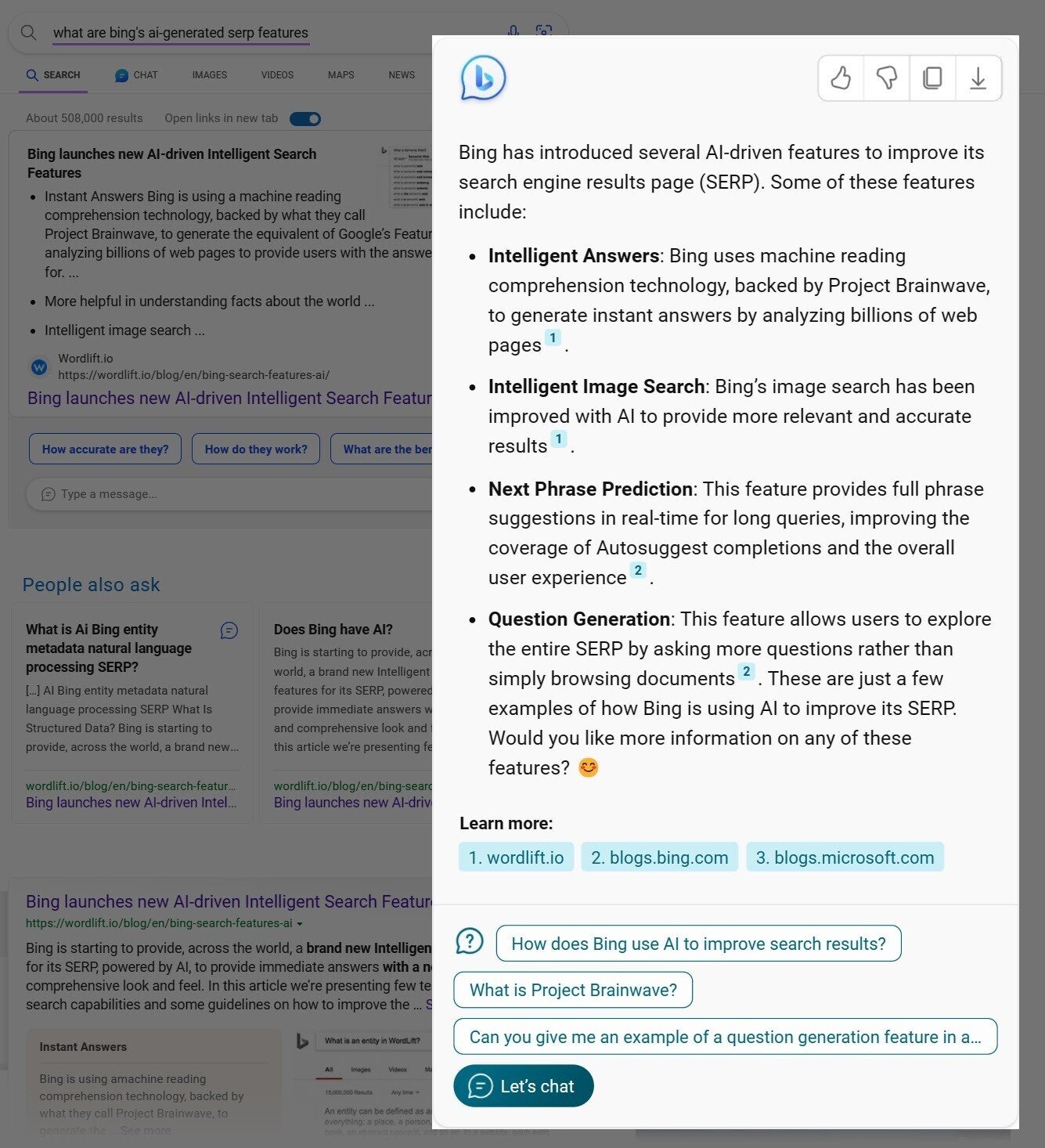 an example of summarized data in Bing for "what are bing’s ai-generated serp features" query
