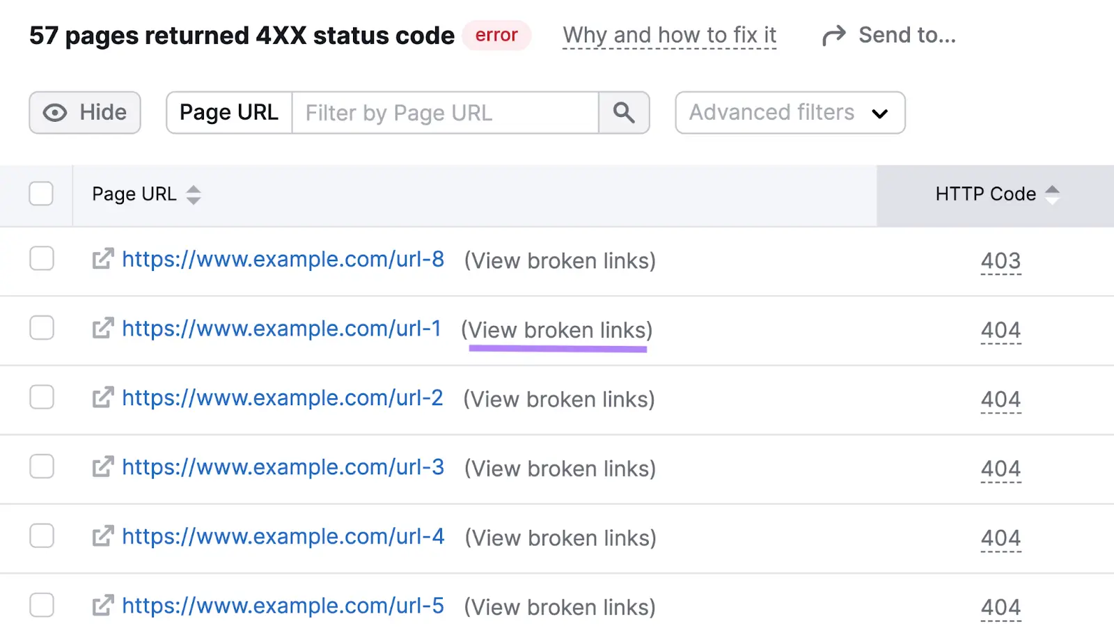 &ldquo;(View broken links)&rdquo; highlighted next to a page URL leading to a 404 error from the list