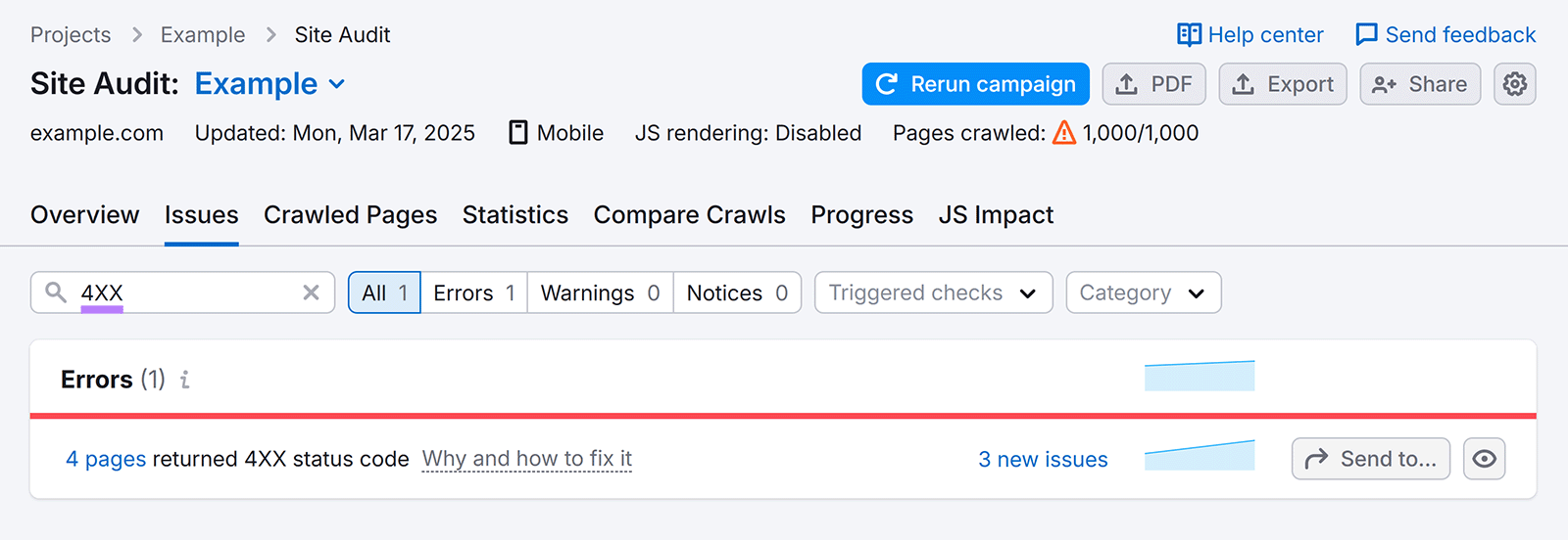 Semrush Site Audit Issues page with '4xx' in search bar and errors section showing 4 pages returned 4xx status code row