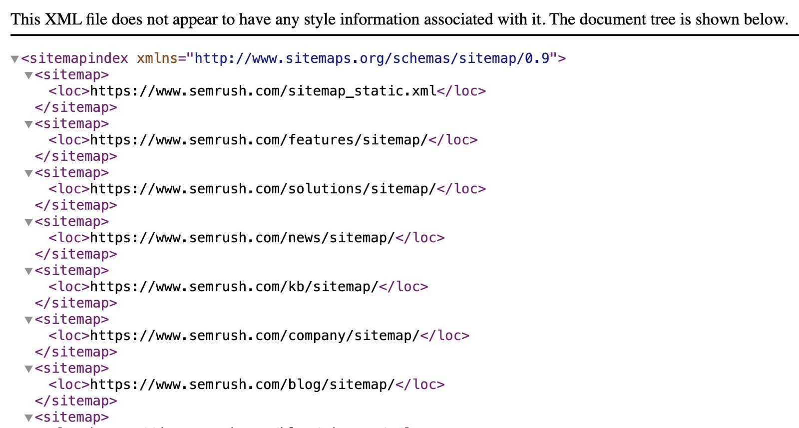 Semrush&rsquo;s XML sitemap showing a list of pages and where to find them.